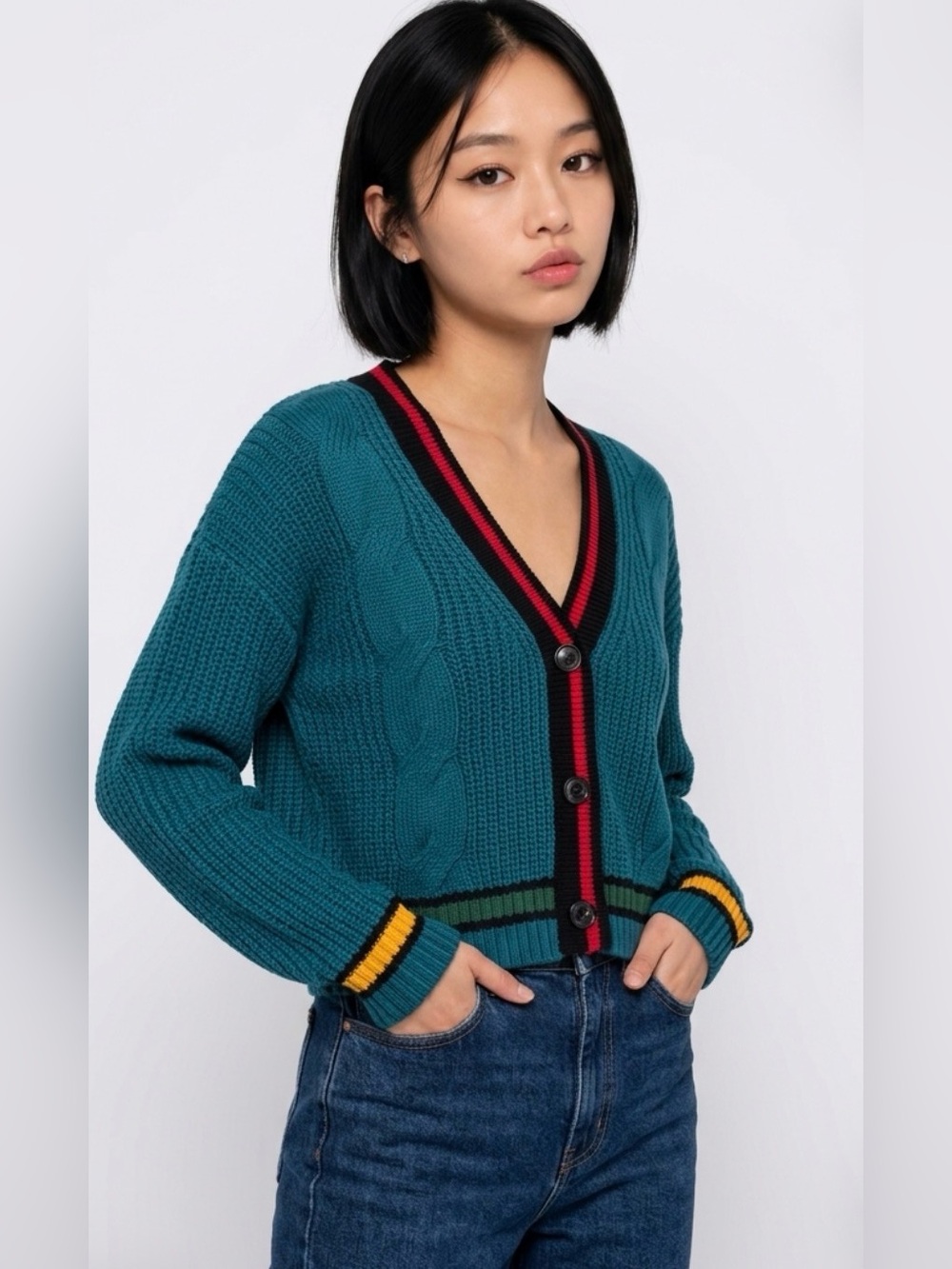 Zenana Teal Blue Cable Knit Varsity Striped Cardigan - Large